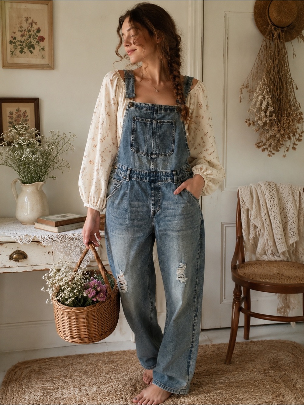 Mothera Cottagecore Denim Overalls Distressed Bib Jeans XXL Romantic Farmcore
